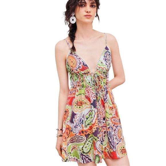 NWT Cider V-Neck Halter Floral Knotted Mini Dress Sz 4 - Picture 1 of 7